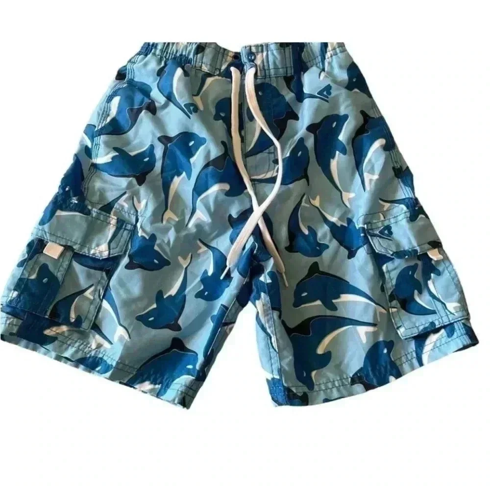 Okanu Surf Dolphine Blue White Boys Swimming Board Short Pants SZ L (7)